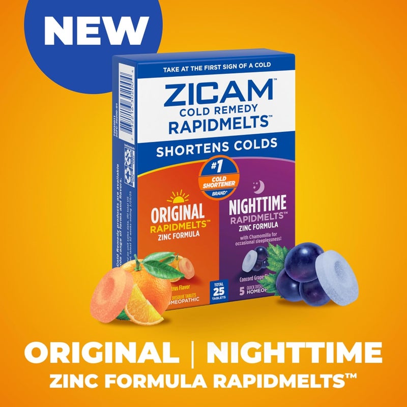 Zicam زكام علاج البرد رابد ميلتس الأصلي وحزمة كومبو رابد ميلتس الليلية علاج زنك البرد للبالغين والأطفال 12 عامًا وأكثر بنكهتي الحمضيات والعنب الكونكورد 25 حبة - Image 2