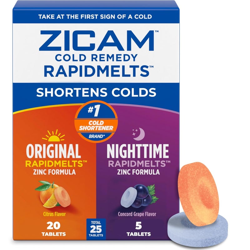 Zicam زكام علاج البرد رابد ميلتس الأصلي وحزمة كومبو رابد ميلتس الليلية علاج زنك البرد للبالغين والأطفال 12 عامًا وأكثر بنكهتي الحمضيات والعنب الكونكورد 25 حبة - Image 1