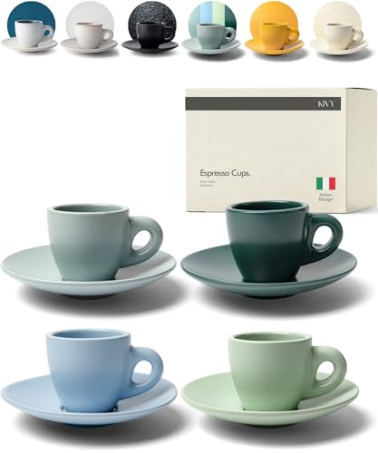 KIVY Espresso Cups Set of 4 [Set 4x 3oz]- Espresso Set Thick Walled Stoneware Espresso Cup Set - Italian Style Espresso Cups and Saucers - Coffee Mugs - Pastell Green, Blue - Image 1