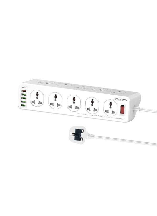PROMATE Power Extension Powerful 2500W Universal 10 Ac Sockets Power Strip With 5M Cord 20W Type C™ Power Delivery Port 4 Usb Smart Charge Ports And 18W Qc 3.0 Port For Home/Office Powermatrix 5M  - Image 1