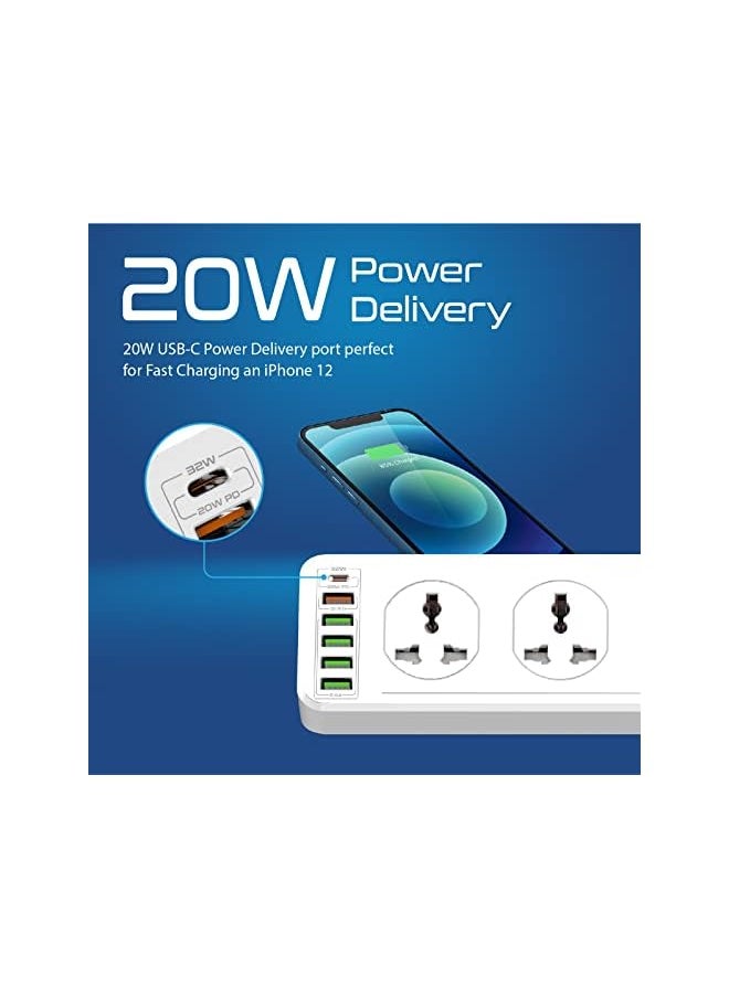 PROMATE Power Extension Powerful 2500W Universal 10 Ac Sockets Power Strip With 5M Cord 20W Type C™ Power Delivery Port 4 Usb Smart Charge Ports And 18W Qc 3.0 Port For Home/Office Powermatrix 5M  - Image 4