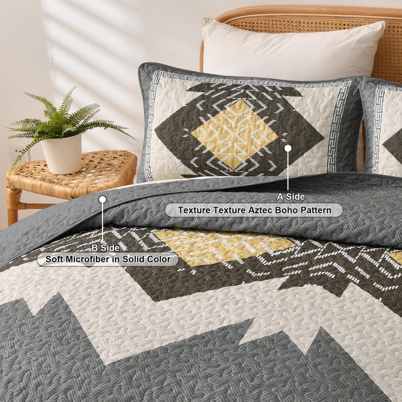 Dintszyayue Grey Boho Quilt Set Queen, Aztec Western Quilt Bedspread Set, 3 Pieces Texture Bedspread Southwestern Bedding Set, Soft Lightweight Coverlet Set for All Season with 2 Pillowcases - Image 4