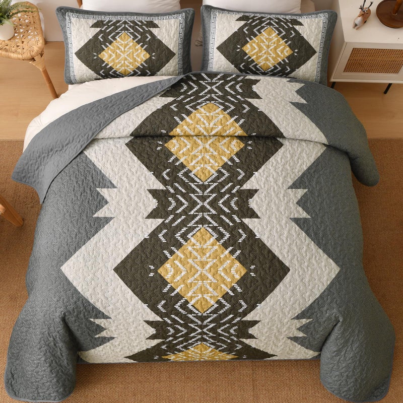 Dintszyayue Grey Boho Quilt Set Queen, Aztec Western Quilt Bedspread Set, 3 Pieces Texture Bedspread Southwestern Bedding Set, Soft Lightweight Coverlet Set for All Season with 2 Pillowcases - Image 3