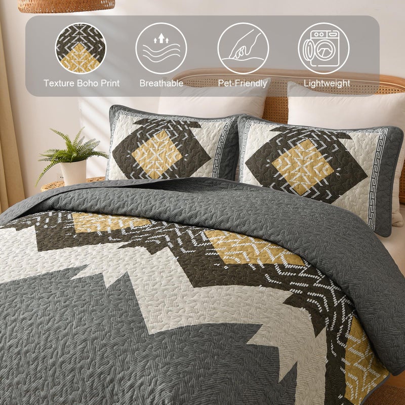 Dintszyayue Grey Boho Quilt Set Queen, Aztec Western Quilt Bedspread Set, 3 Pieces Texture Bedspread Southwestern Bedding Set, Soft Lightweight Coverlet Set for All Season with 2 Pillowcases - Image 5