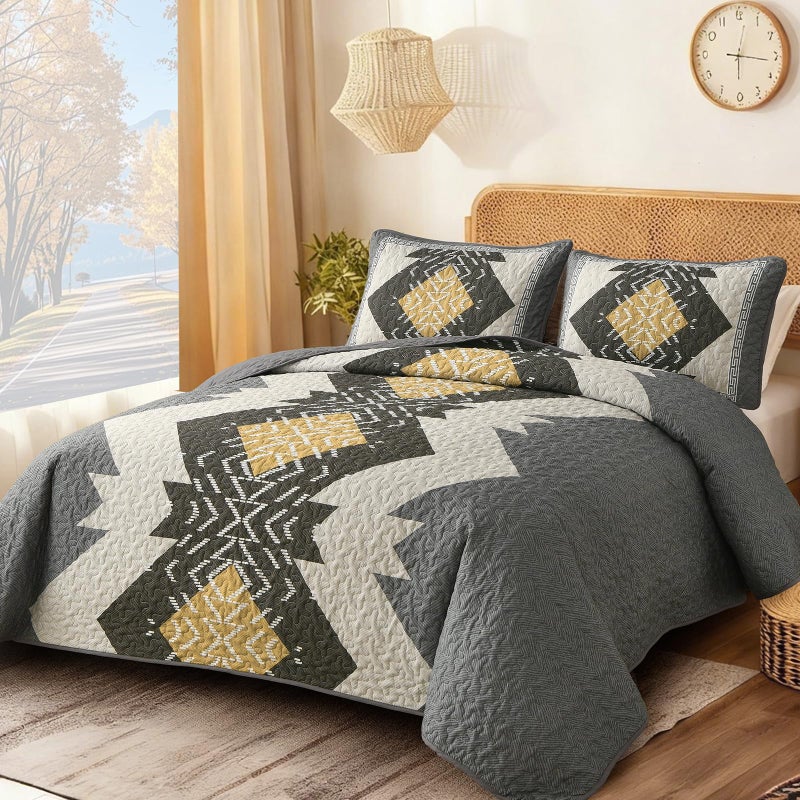 Dintszyayue Grey Boho Quilt Set Queen, Aztec Western Quilt Bedspread Set, 3 Pieces Texture Bedspread Southwestern Bedding Set, Soft Lightweight Coverlet Set for All Season with 2 Pillowcases - Image 2