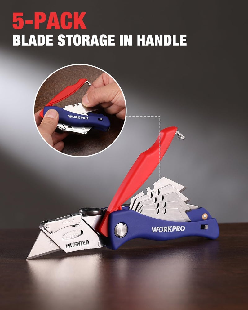 WORKPRO Folding Utility Knife, Quick-Change Box Cutter, Blade Storage in Handle with 5 Extra Blades Included - Image 2