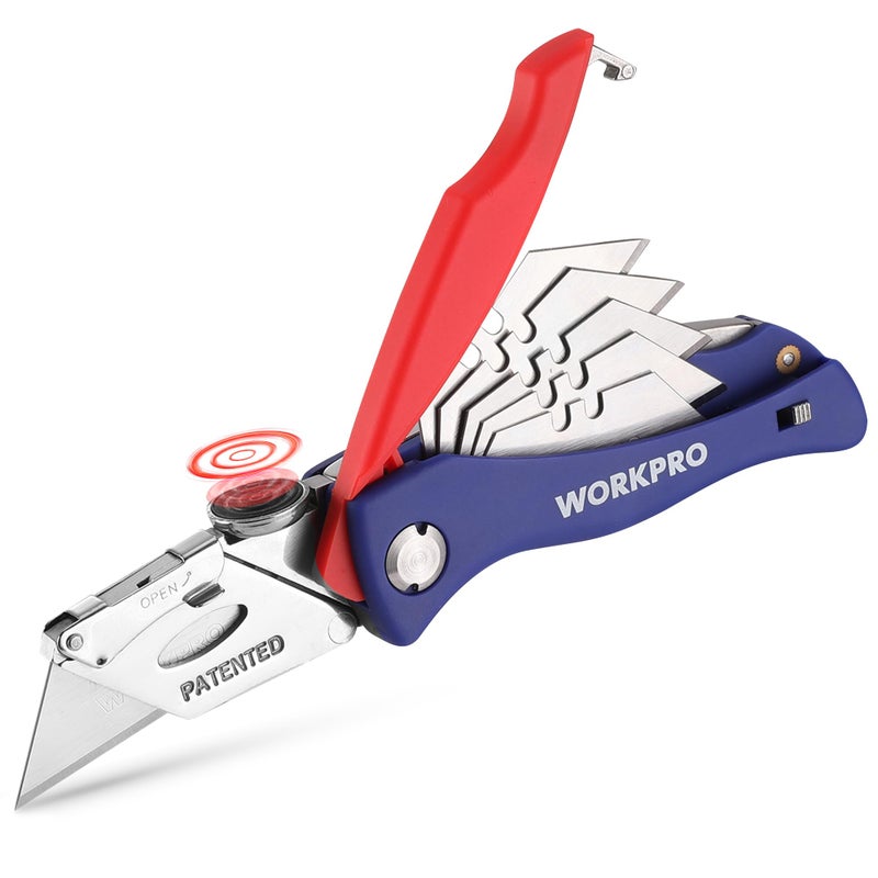 WORKPRO Folding Utility Knife, Quick-Change Box Cutter, Blade Storage in Handle with 5 Extra Blades Included - Image 1