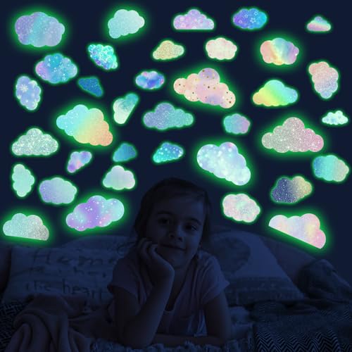 Robmoda Glow in The Dark Colorful Clouds Wall Stickers Holographic Rainbow Cloud Wall Stickers for Kids Bedroom Colorful Glitter Vinyl Clouds Decals Living Room Nursery Playroom Room Home Decor - Image 1