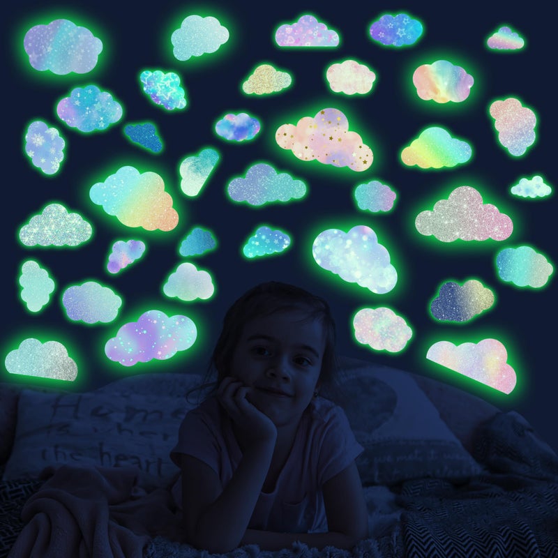 Robmoda Glow in The Dark Colorful Clouds Wall Stickers Holographic Rainbow Cloud Wall Stickers for Kids Bedroom Colorful Glitter Vinyl Clouds Decals Living Room Nursery Playroom Room Home Decor - Image 3