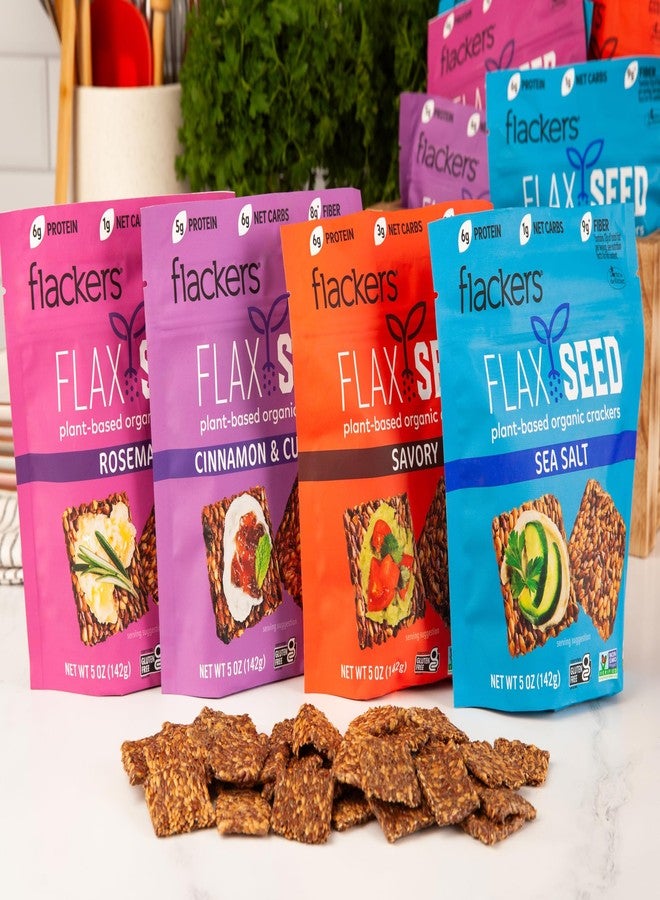 Flackers عبوة متنوعة من بسكويت بذور الكتان العضوية، ملح البحر، إكليل الجبل، مالح وقرفة، خالي من الجلوتين، غير معدّل وراثيًا، نباتي، منخفض الكربوهيدرات، عبوة من 4 - Image 2