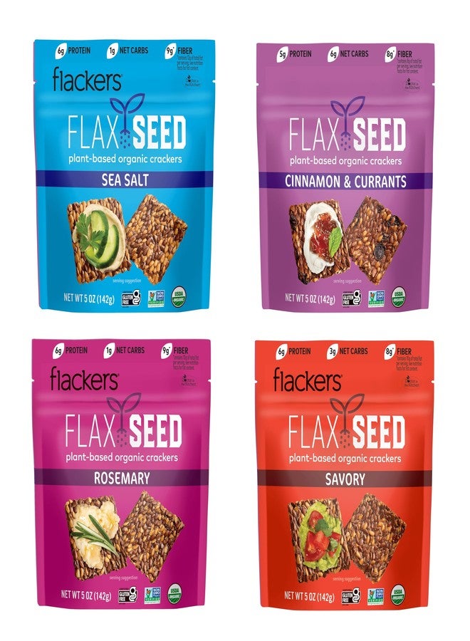 Flackers عبوة متنوعة من بسكويت بذور الكتان العضوية، ملح البحر، إكليل الجبل، مالح وقرفة، خالي من الجلوتين، غير معدّل وراثيًا، نباتي، منخفض الكربوهيدرات، عبوة من 4 - Image 1