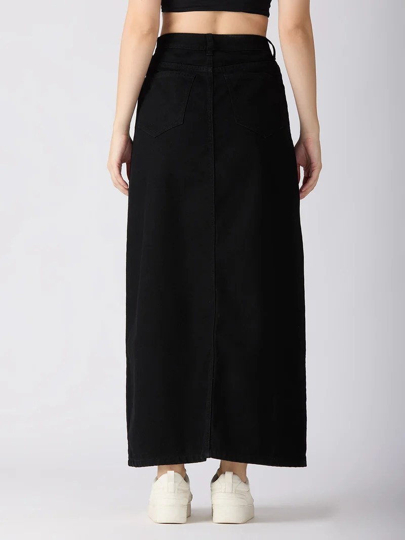 globus Women Solid Mid-Rise Front Slit Straight Maxi Denim Skirt
