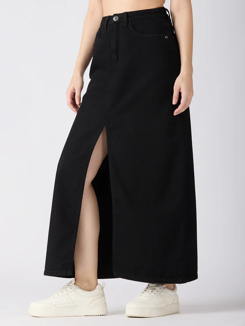 globus Women Solid Mid-Rise Front Slit Straight Maxi Denim Skirt