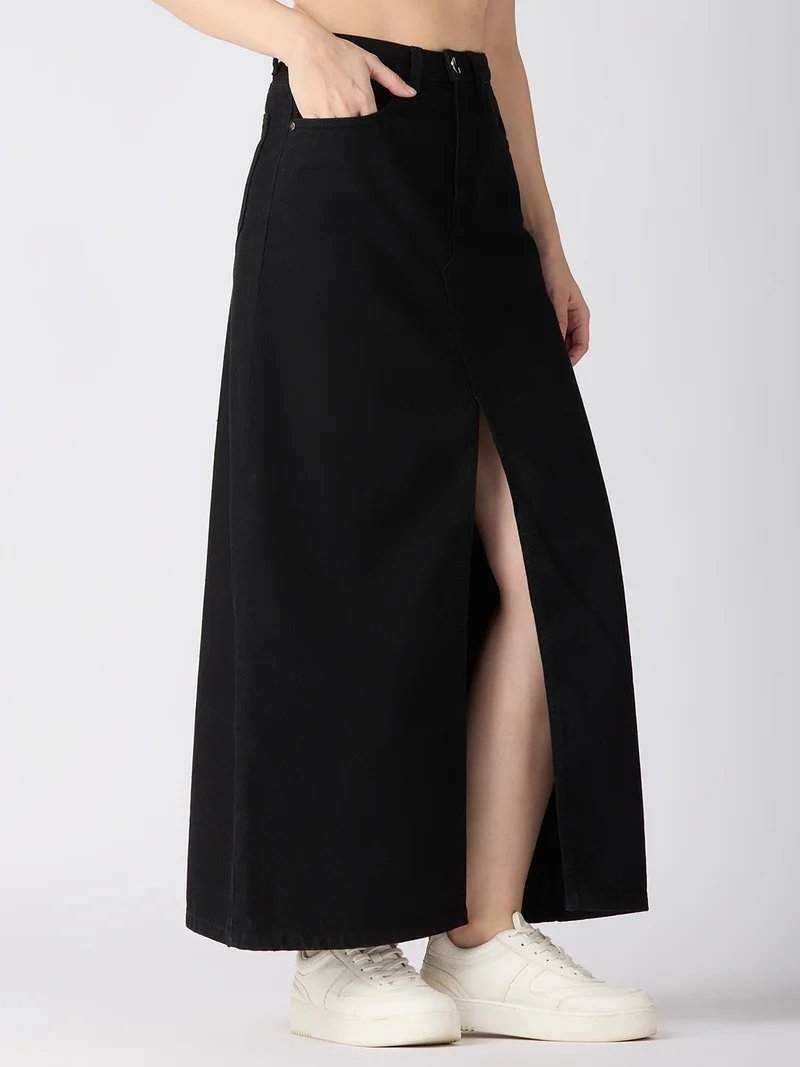 globus Women Solid Mid-Rise Front Slit Straight Maxi Denim Skirt