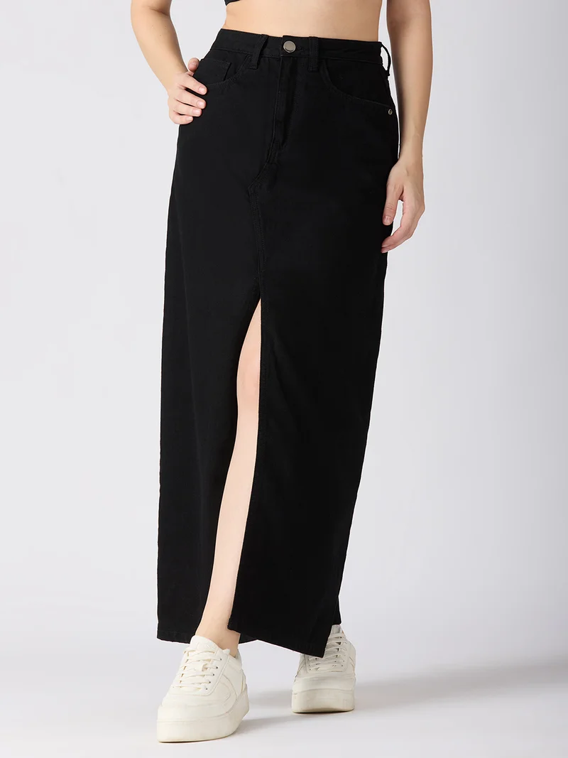 globus Women Solid Mid-Rise Front Slit Straight Maxi Denim Skirt