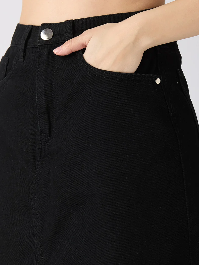 globus Women Solid Mid-Rise Front Slit Straight Maxi Denim Skirt