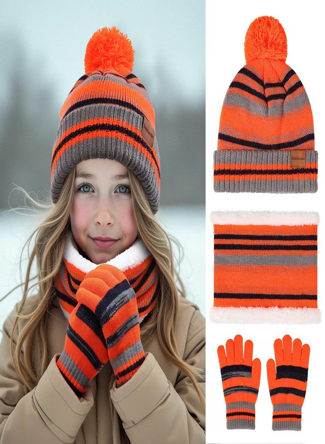 BESSTEVEN Kids Winter Hat Gloves Scarf Set: Girls Boys Children Beanie Gloves Neck Warmer Knit Set with Thick Warm Fleece Lined For 6-10 Years Old - Orange - Image 2