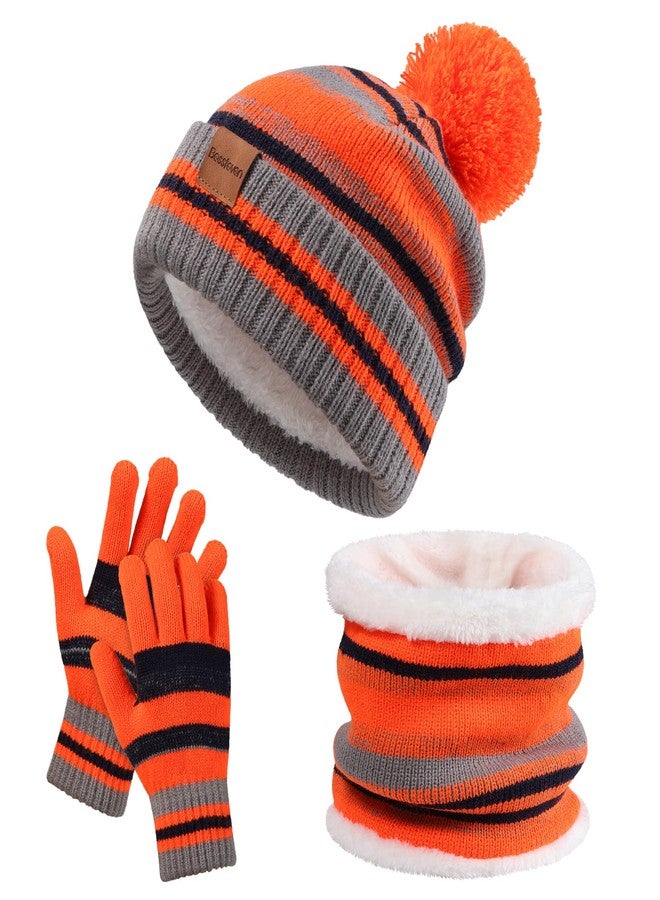 BESSTEVEN Kids Winter Hat Gloves Scarf Set: Girls Boys Children Beanie Gloves Neck Warmer Knit Set with Thick Warm Fleece Lined For 6-10 Years Old - Orange - Image 1