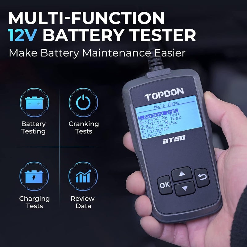 Topdon Car Battery Tester 12V BT50, Automotive 100-2000 CCA Battery Load Tester, Cranking and Charging System, Auto Test Scan Tool, Digital Battery Alternator Analyzer (Upgraded Version of AB101) - Image 2
