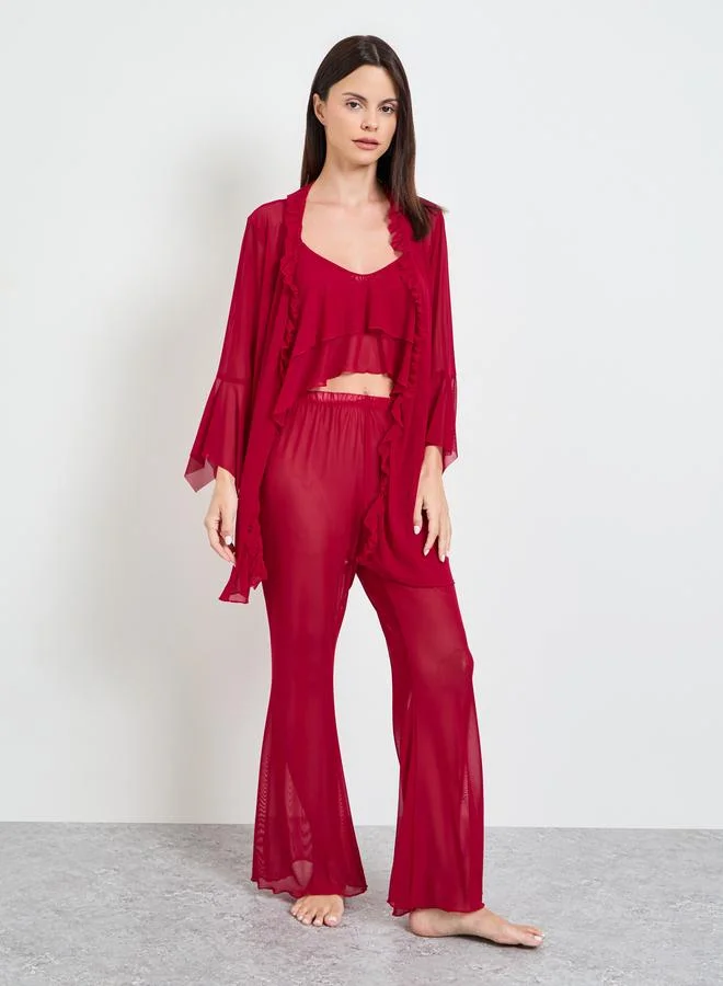 تايك تو Burgundy Pack Of 3 - Ruffle Cropped Camisole, Flare Pants And Robe Set
