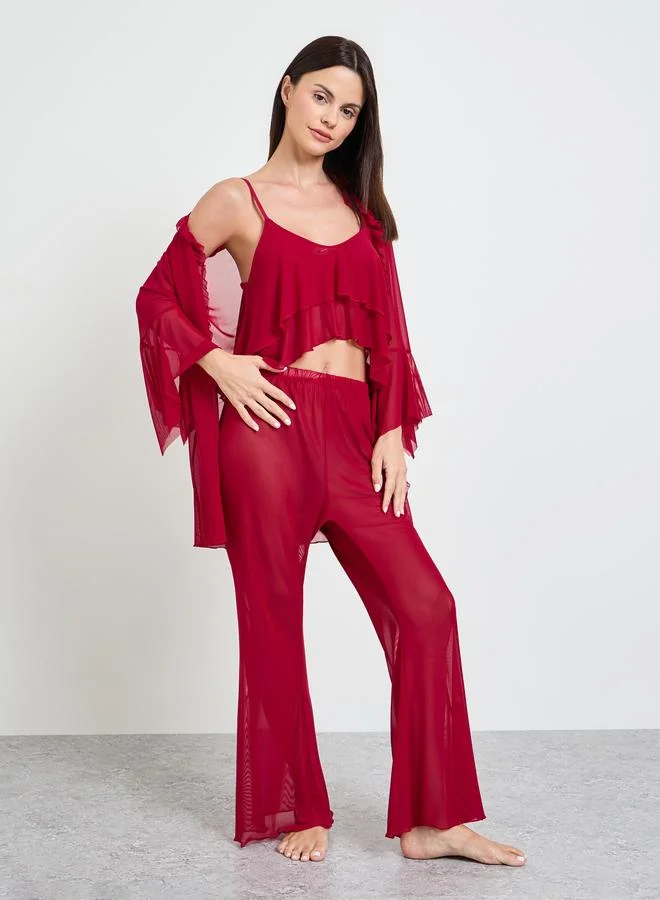 تايك تو Burgundy Pack Of 3 - Ruffle Cropped Camisole, Flare Pants And Robe Set