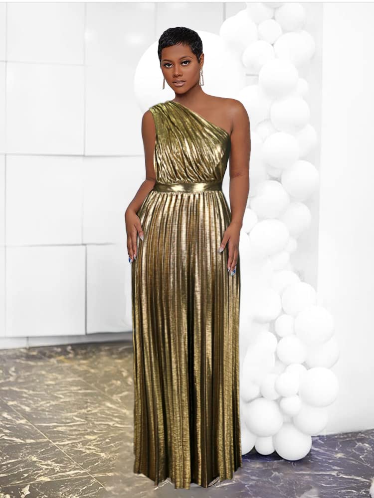 AOMEI Women's Gold Luxury Metallic One Shoulder Sleeveless Elegant Pleated Long Dress (S,Small) - Image 2