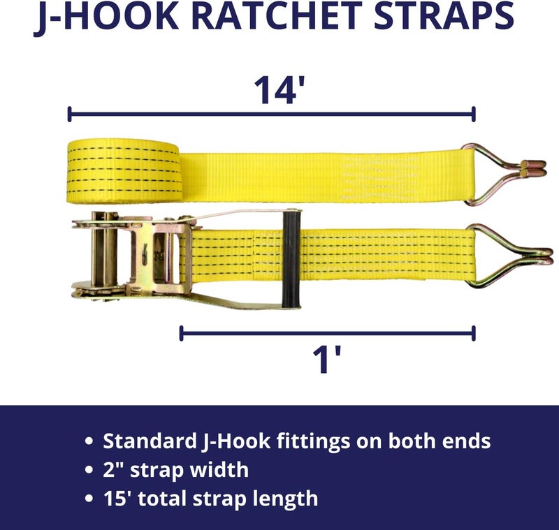 Cargo Control 6 Pack 2" x 15' Ratchet Strap Tie Down 5000LB J Hook - Image 2