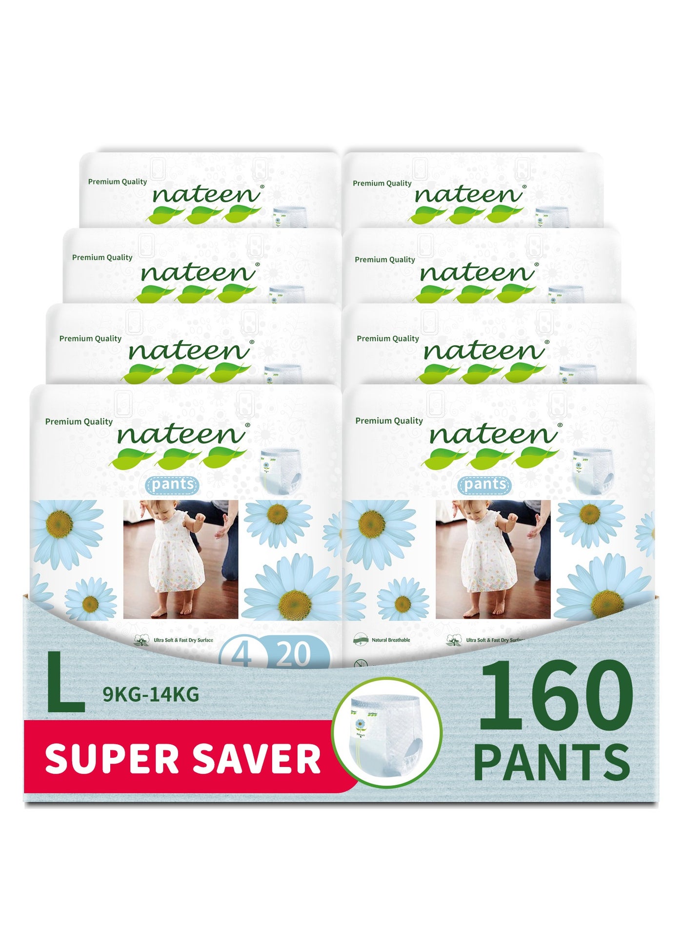nateen Premium Care Baby Pants Diapers, Size 4(9-14kg), Large Baby Pull Ups, 160 Count Diaper Pants, Super Absorbent, Ultra Thin Baby Diapers Pants