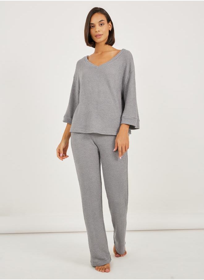 Styli Waffle Knit V Neck Dropped Shoulder T-Shirt and Pyjama Set  - Image 1