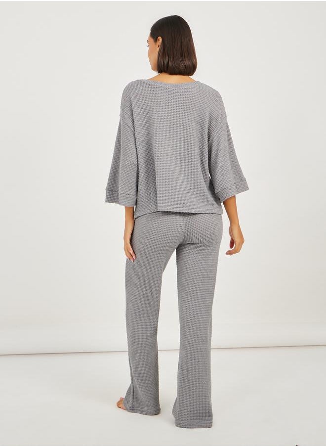 Styli Waffle Knit V Neck Dropped Shoulder T-Shirt and Pyjama Set  - Image 5