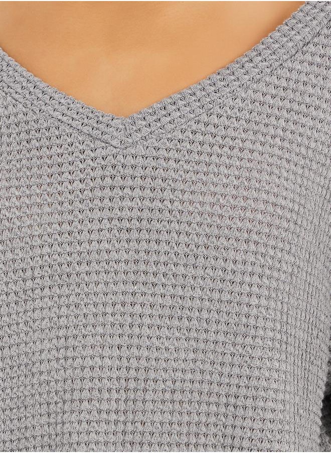 Styli Waffle Knit V Neck Dropped Shoulder T-Shirt and Pyjama Set  - Image 3
