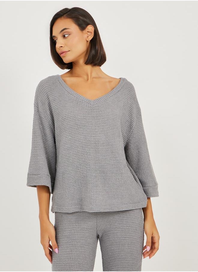 Styli Waffle Knit V Neck Dropped Shoulder T-Shirt and Pyjama Set  - Image 2