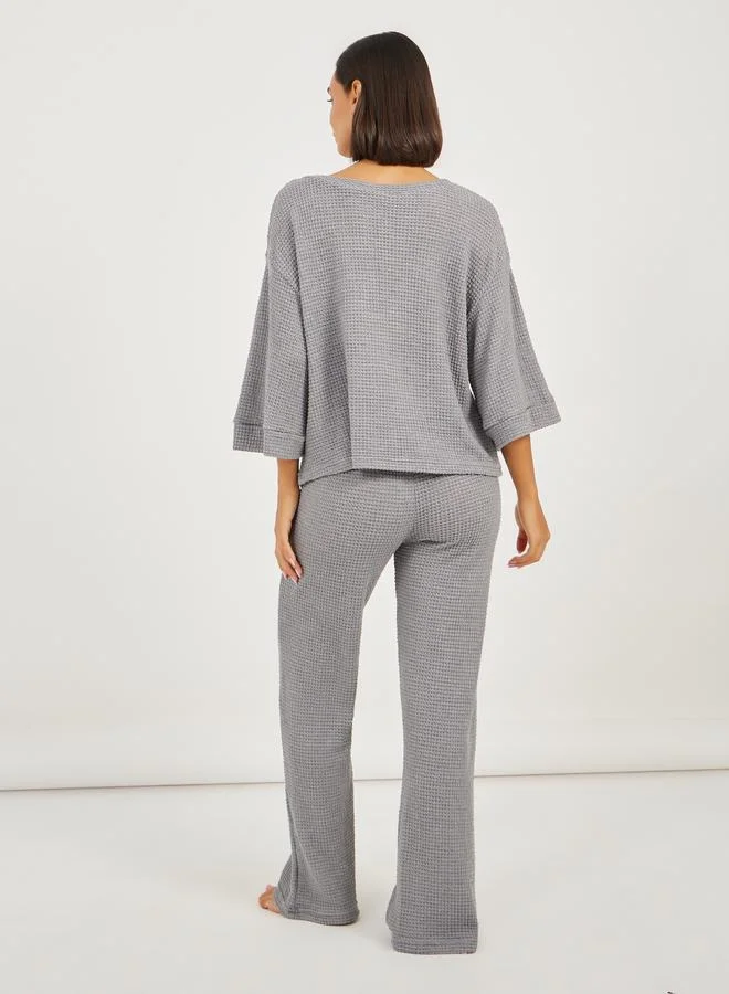 Styli Waffle Knit V Neck Dropped Shoulder T-Shirt and Pyjama Set