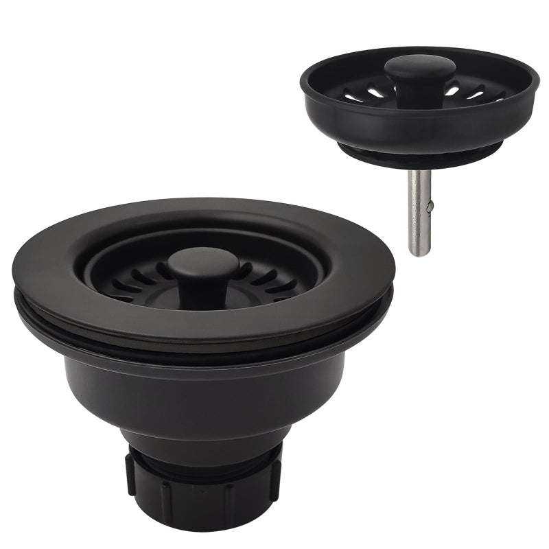 Black Polymer Drain Kitchen Sink Drain Assembly with 2 Removable Basket Strainers and Rubber Stopper for 35Inch Drain Openings Matching Color of Granite Sinks