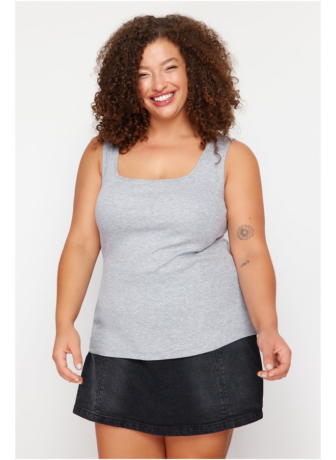 trendyol - Gray Melange Square Neck Plain Basic Camisole Plus Size Undershirt - Image 1