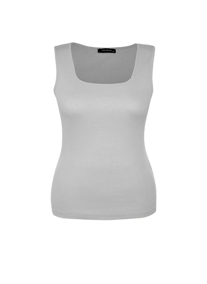 trendyol - Gray Melange Square Neck Plain Basic Camisole Plus Size Undershirt - Image 1