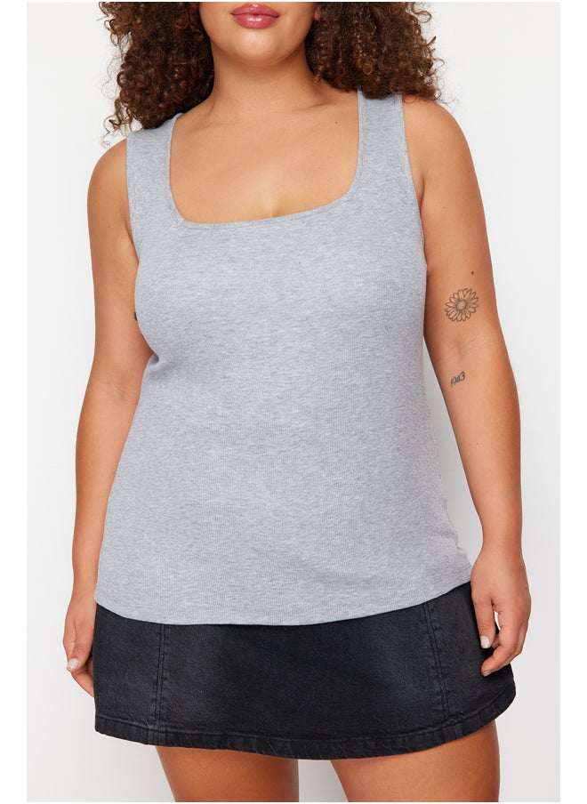 trendyol - Gray Melange Square Neck Plain Basic Camisole Plus Size Undershirt - Image 1