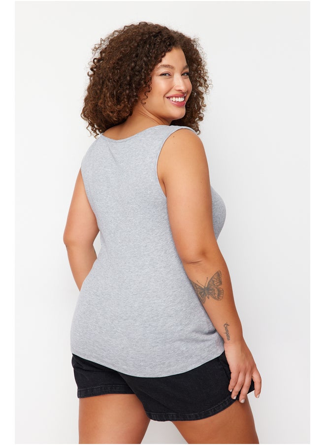 trendyol - Gray Melange Square Neck Plain Basic Camisole Plus Size Undershirt - Image 1
