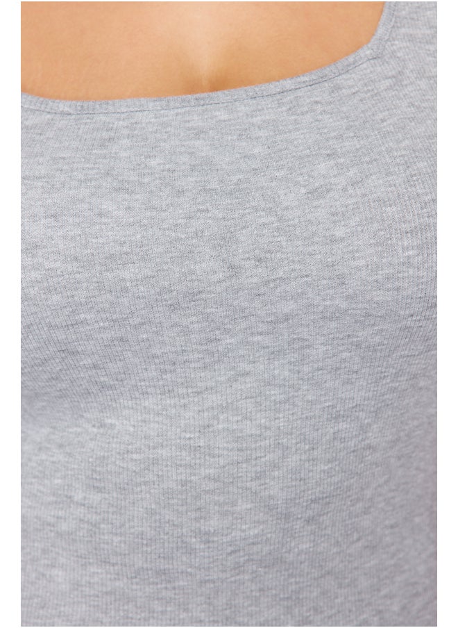 trendyol - Gray Melange Square Neck Plain Basic Camisole Plus Size Undershirt - Image 1