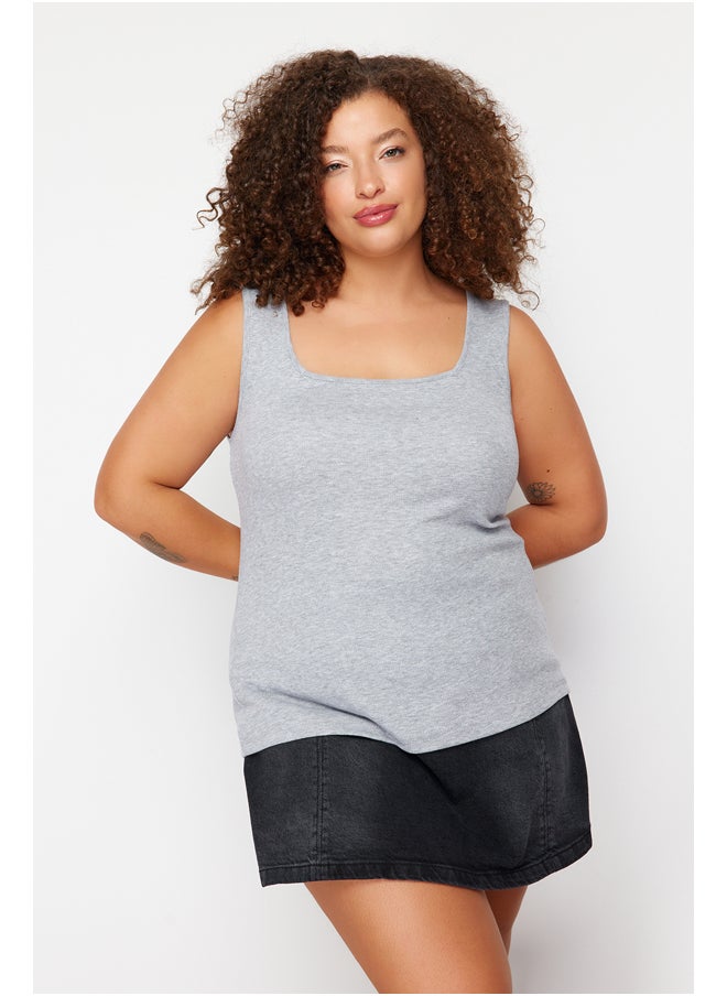 trendyol - Gray Melange Square Neck Plain Basic Camisole Plus Size Undershirt - Image 1
