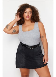 Gray Melange Square Neck Plain Basic Camisole Plus Size Undershirt