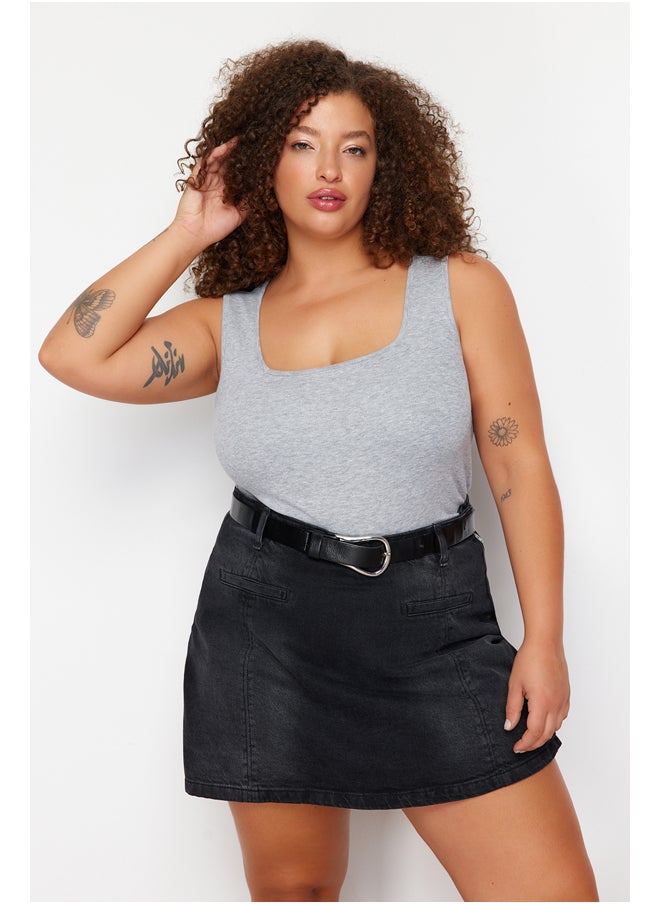 trendyol - Gray Melange Square Neck Plain Basic Camisole Plus Size Undershirt - Image 1