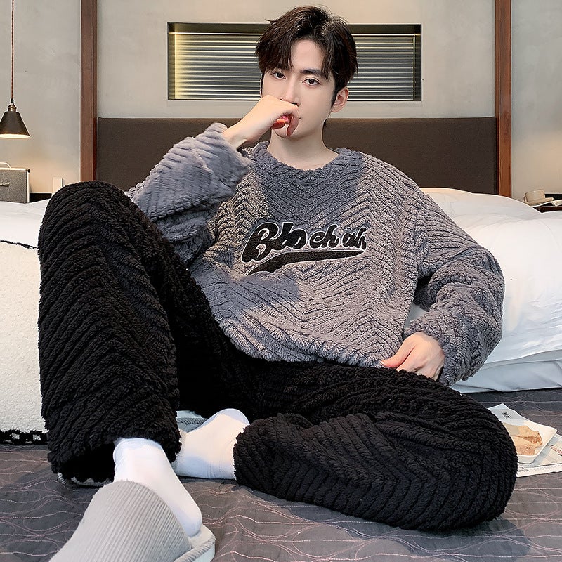 Men'S Pajamas Coral Velvet Fleece-Lined Thickeneded Men'S Winter Warm Flannel Home Clothes Set - Image 1