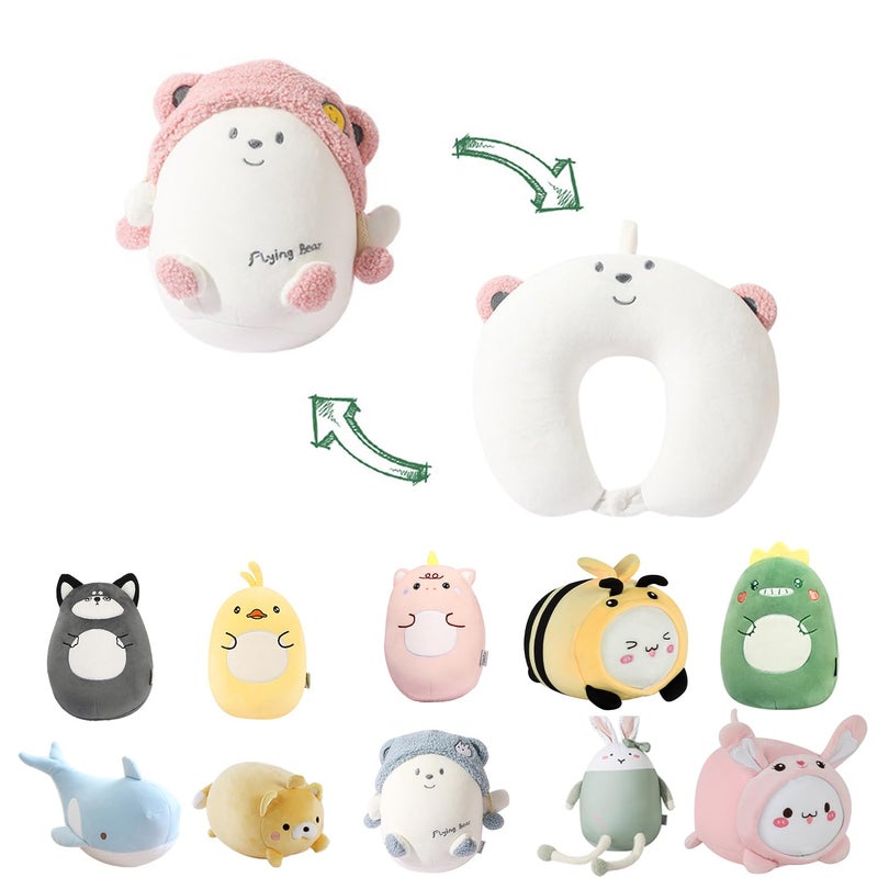 stocaggio Kids Travel Pillow 2in1 Deformable Kids Neck Pillow for Traveling Soft UShaped Pillow with Adorable Animal Design Comfy Sleep and Play Ideal for Airplanes and Cars Yellow Bear