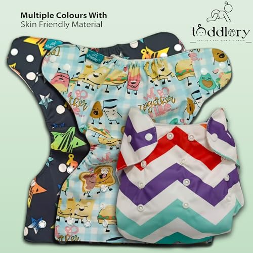 Toddlory Premium Reusable Cloth Diapers with inserts (Soakers) | Up to 5 hours of trusted leak protection with advanced 5-layer technology — designed to keep your baby’s skin healthy and happy | Unisex designs, Suitable for all babies from 0 to 2 years or 2.5 to 12.5 kgs | Rash-Free Softness | Grow-With-Me Fit | All day Comfort for the Little Explorers | Pack of 3 (3 diapers & 3 inserts) | Combo Style: Foodie + Night Stars + Rainbow, 0 to 2 Years - Image 2