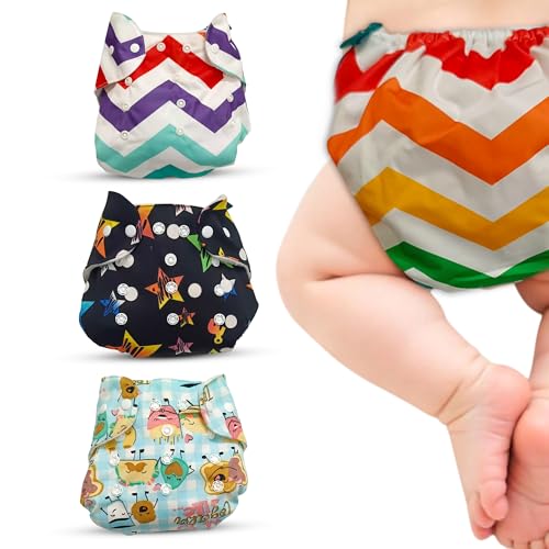 Toddlory Premium Reusable Cloth Diapers with inserts (Soakers) | Up to 5 hours of trusted leak protection with advanced 5-layer technology — designed to keep your baby’s skin healthy and happy | Unisex designs, Suitable for all babies from 0 to 2 years or 2.5 to 12.5 kgs | Rash-Free Softness | Grow-With-Me Fit | All day Comfort for the Little Explorers | Pack of 3 (3 diapers & 3 inserts) | Combo Style: Foodie + Night Stars + Rainbow, 0 to 2 Years - Image 1