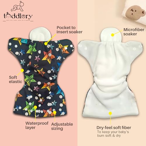 Toddlory Premium Reusable Cloth Diapers with inserts (Soakers) | Up to 5 hours of trusted leak protection with advanced 5-layer technology — designed to keep your baby’s skin healthy and happy | Unisex designs, Suitable for all babies from 0 to 2 years or 2.5 to 12.5 kgs | Rash-Free Softness | Grow-With-Me Fit | All day Comfort for the Little Explorers | Pack of 3 (3 diapers & 3 inserts) | Combo Style: Foodie + Night Stars + Rainbow, 0 to 2 Years - Image 3