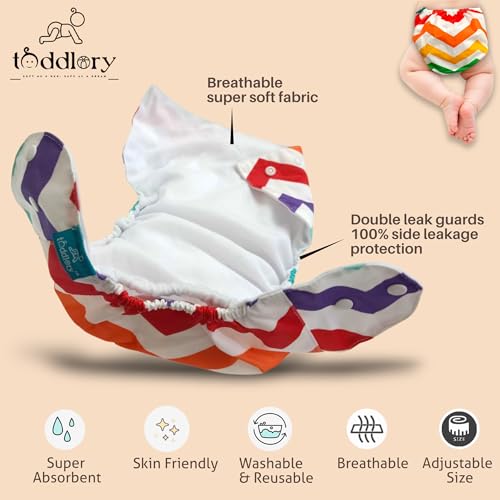 Toddlory Premium Reusable Cloth Diapers with inserts (Soakers) | Up to 5 hours of trusted leak protection with advanced 5-layer technology — designed to keep your baby’s skin healthy and happy | Unisex designs, Suitable for all babies from 0 to 2 years or 2.5 to 12.5 kgs | Rash-Free Softness | Grow-With-Me Fit | All day Comfort for the Little Explorers | Pack of 3 (3 diapers & 3 inserts) | Combo Style: Foodie + Night Stars + Rainbow, 0 to 2 Years - Image 5
