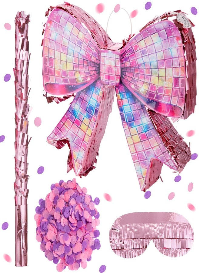 Arrowbash Disco Pink Bow Piñata Set 15 Inch Shiny Bow Piñata with Bat Blindfold and Confetti for Birthday Wedding Decoration Christmas Holiday Coquette Party Supplies - Image 1