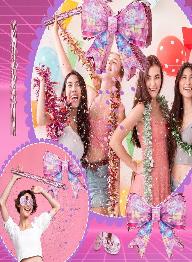 Arrowbash Disco Pink Bow Piñata Set 15 Inch Shiny Bow Piñata with Bat Blindfold and Confetti for Birthday Wedding Decoration Christmas Holiday Coquette Party Supplies - Image 5